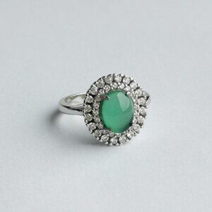 Green Chalcedony CZ Halo ring sterling silver size 6